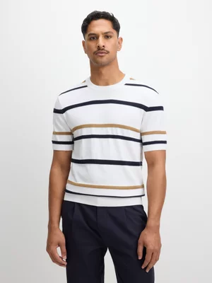 Exact Men's White & Black Striped Cotton Knit T-Shirt