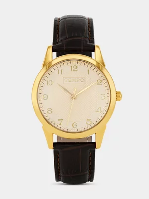 Tempo Gold Plated Champagne Dial Brown Leather Watch