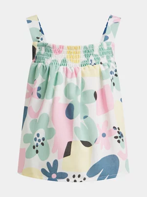 Exact Older Girl's White Floral Print Smocked Cami Top