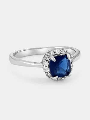 Sterling Silver Sapphire Blue Cubic Zirconia Cushion Halo Ring