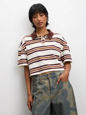 The FIX Women's Milk Brown Strip Pique Boxy Johnny Collar Top