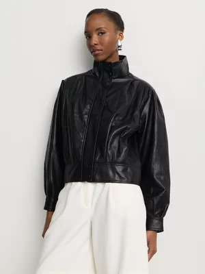 Pleather Funnel Neck Pleat Detail Bomber Jacket