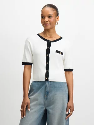 Exact Women's White & Black Short Sleeve Cardigan 