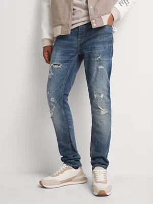 Relay Jeans Men's Skinny Rip and Repair Mid Wash Blue Denim