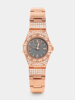Tempo Rose Plated Grey Mother Of Pearl Crystal Embellished Bracelet Watch