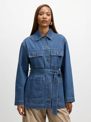Exact Women's Mid Wash Belted Denim Jacket 