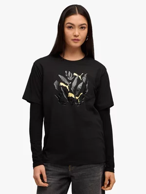 Puma Womens Graphic Leaf Relaxed Black Tee