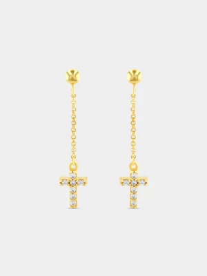 Yellow Gold & Sterling Silver Cubic Zirconia Cross Drop Earrings