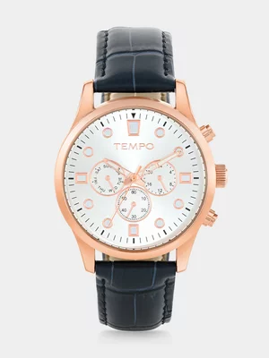 Tempo Rose Plated Silver Tone Dial Navy Leather Watch 