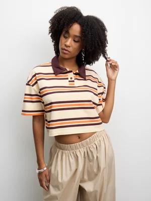 The FIX Women's Burgandy Strip Pique Boxy Johnny Collar Top