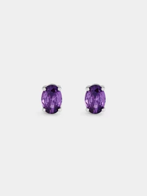 Sterling Silver Amethyst Cubic Zirconia February Birthstone Oval Stud Earrings