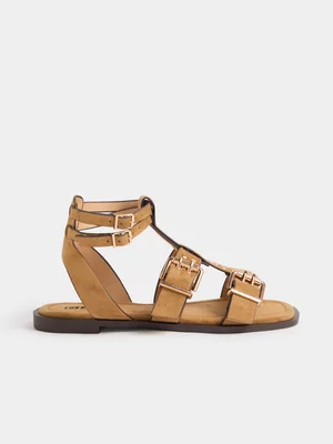 The FIX Women's Camel Suede Studded Gladiator Sandel