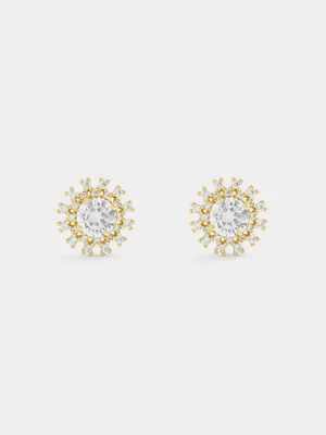 Yellow Gold Vermeil Cubic Zirconia Round Sunray Halo Stud Earrings