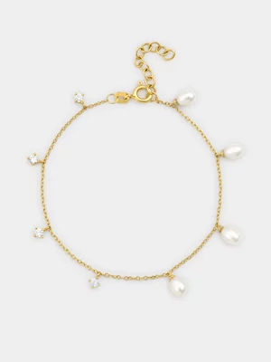 Gold Plated Sterling Silver Freshwater Pearl & Cubic Zirconia Station Bracelet