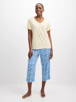 Jet Women's Butter Yellow & Blue Capri Pyjama Set