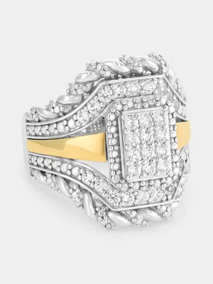 Yellow Gold & Sterling Silver White Sapphire Rectangle Bold Rope Ring 
