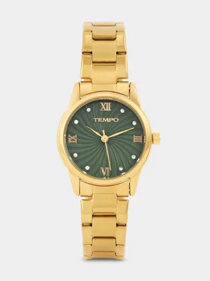 Tempo Silver Gold Plated Green Dial Bracelet Watch 