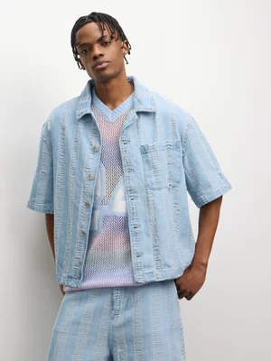 The FIX Men's Light Wash 100% Cotton Frayed Denim Shirt