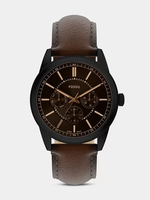 Fossil Pearson Black Plated Stainless Steel Brown Leather Multi Dial Watch