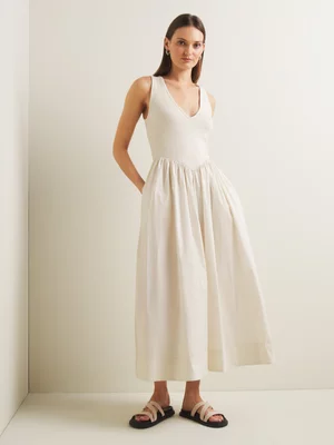 Women's Iconography V-neck Fabric Combo Dress Cream