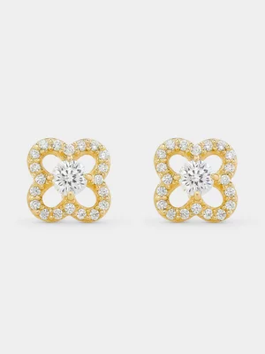 Yellow Gold Cubic Zirconia Solitaire Clover Stud Earrings