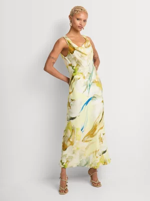 Draped Floral Print Maxi Column Dress 