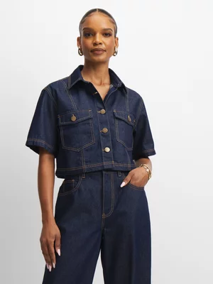 Exact Women's Dark Raw Wash Cropped Denim Jacket 