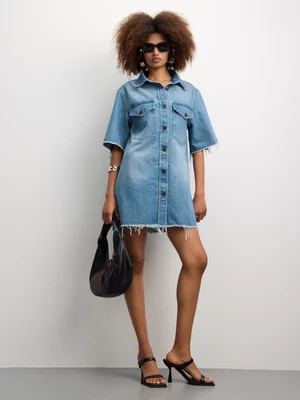 The FIX Women's Medium Wash Ripped Shirt Dress