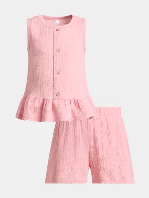 Exact Older Girl's Pink Textured Peplum Top & Shorts Set