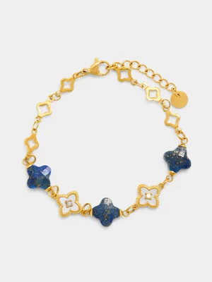 Tempo Jewellery Gold Plated Stainless Steel Lapis Lazuli Clover Bracelet  