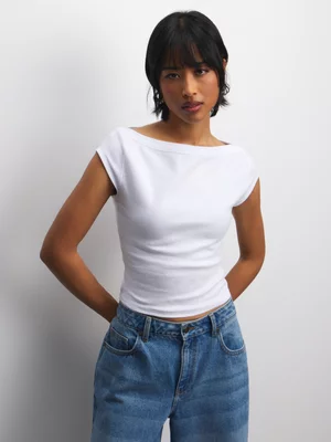 The FIX Women's White Rib Boat Neck Top