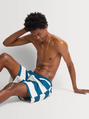 Markham Men's 2Tone Diagonal Wide Stripe Teal/White Swimshorts