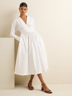 Women's Iconography Cuffed V-neck Fit & Flare Dress White