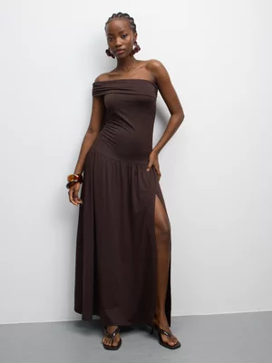 The FIX Women's Brown Plush Knit Bardot Maxi Dress