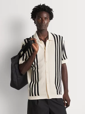 Markham Men's Crochet Stripe Button Through Ecru Knitwear