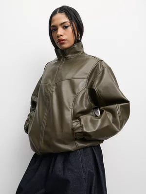 The FIX Women's Olive Green Pu Vintage Bomber Jacket