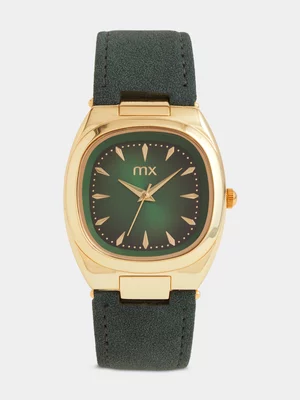 MX Gold Plated Green Dial Retro Square Green Faux Leather Watch 