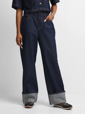 Exact Women's Dark Raw Wash Wide-Leg Turn-Up Jeans