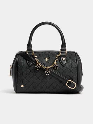 All Over Embossed Charm Detail Barrel Bag