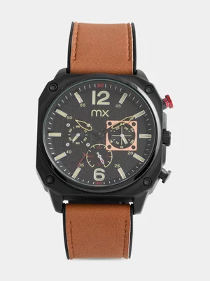 MX Black Plated Black Dial Square Chrono Look Tan Watch