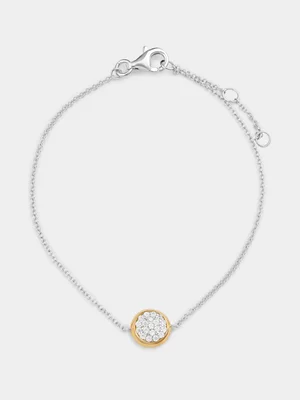 Gold Plated Sterling Silver Cubic Zirconia Two-Tone Round Cluster Bracelet 