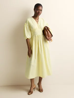 Women's Iconography Puff Sleeve Wrap Front Midi Dress Yellow