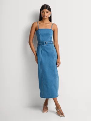 FF Denim Belted Strappy Midi Bodycon Dress