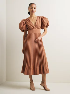 Women's Iconography Pleated Puff Sleeve Midi Dress