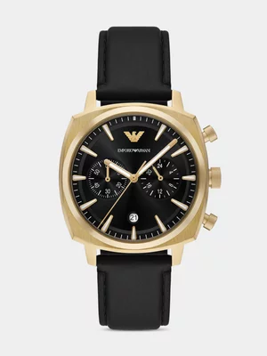 Emporio Armani Gold Plated Stainless Steel Black Leather Chronograph Watch