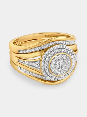 Yellow Gold Diamond & Created Sapphire Round Double Halo Triple Set Ring 