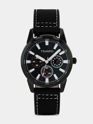 Tempo Black Plated Black Dial Black Leather Watch