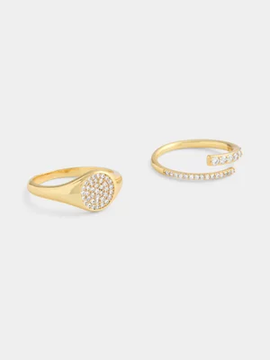 14ct Gold Plated Cubic Zirconia Wrap & Signet Ring Set 