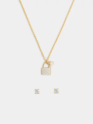 14ct Gold Plated Padlock Pendant & Heart Stud Earrings Set 