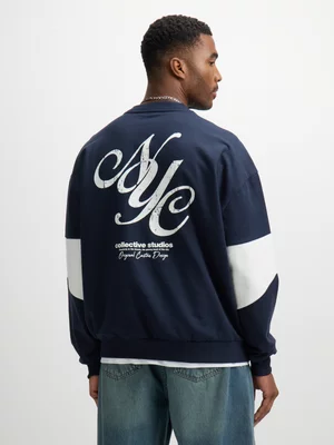 Exact Men's Navy & White Back Graphic Print Sweat Top 